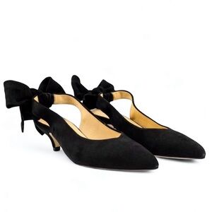 GANNI Sabine Black Suede Bow Slingback Pointed Toe Kitten Heel Pumps 8
